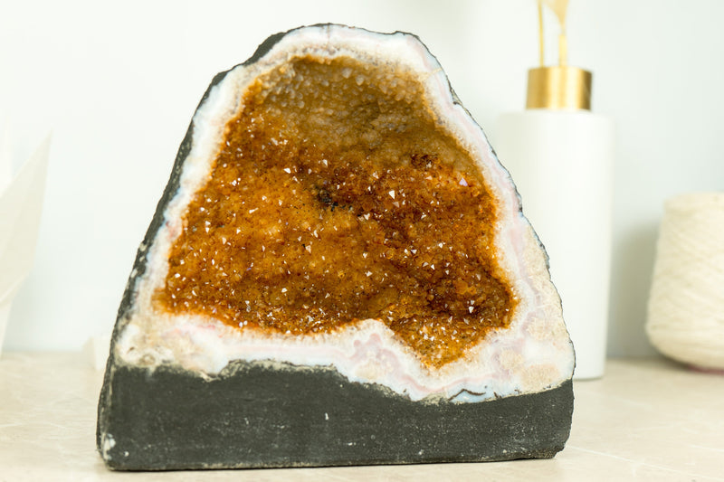 Medium Size Citrine Geode with Deep Orange Citrine Druzy, flower Rosettes