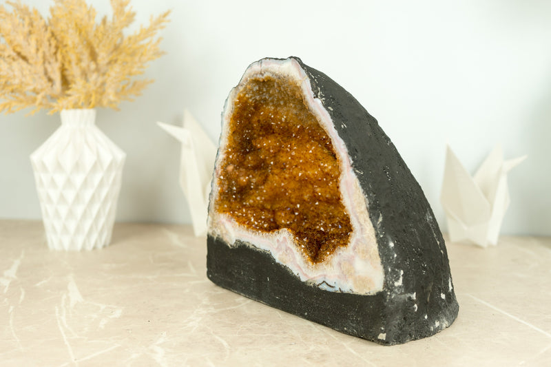 Medium Size Citrine Geode with Deep Orange Citrine Druzy, flower Rosettes