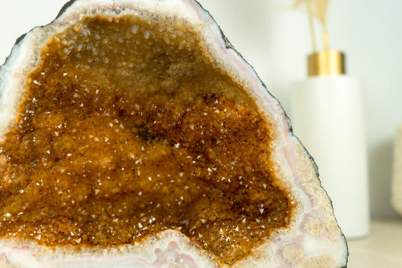 Medium Size Citrine Geode with Deep Orange Citrine Druzy, flower Rosettes