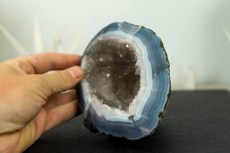 Small Blue and White Banded Agate Geode Cave with Rare White Druzy