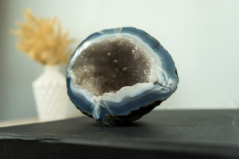 Small Blue and White Banded Agate Geode Cave with Rare White Druzy