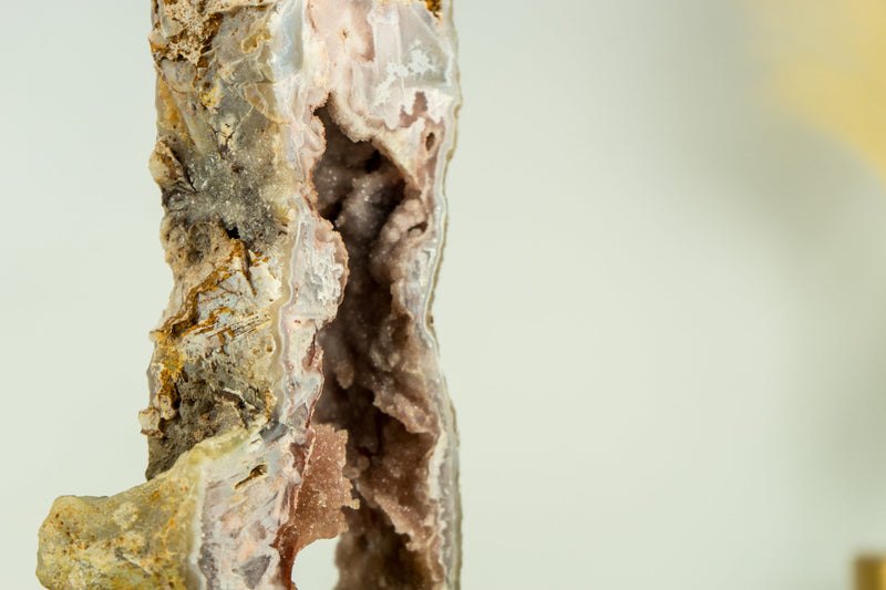 Tall Pink Amethyst Geode Slice on Stand with Rose and Red Sugar Druzy Amethyst