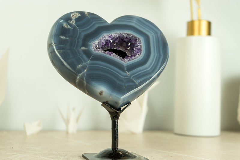 Gorgeous Blue Lace Agate Heart with Deep Purple Amethyst Druzy, Double-Sided