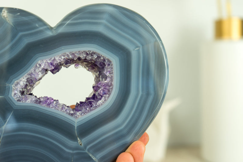 Wunderschönes blaues Spitzenachat-Herz mit tiefviolettem Amethyst-Druzy, doppelseitig