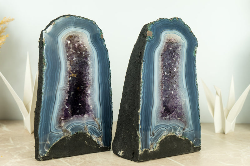 Pair of Book-Matching Blue Lace Agate Geode Cathedrals with Crystal Amethyst