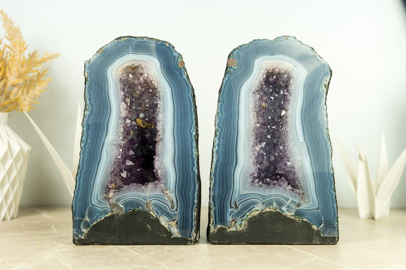 Pair of Book-Matching Blue Lace Agate Geode Cathedrals with Crystal Amethyst