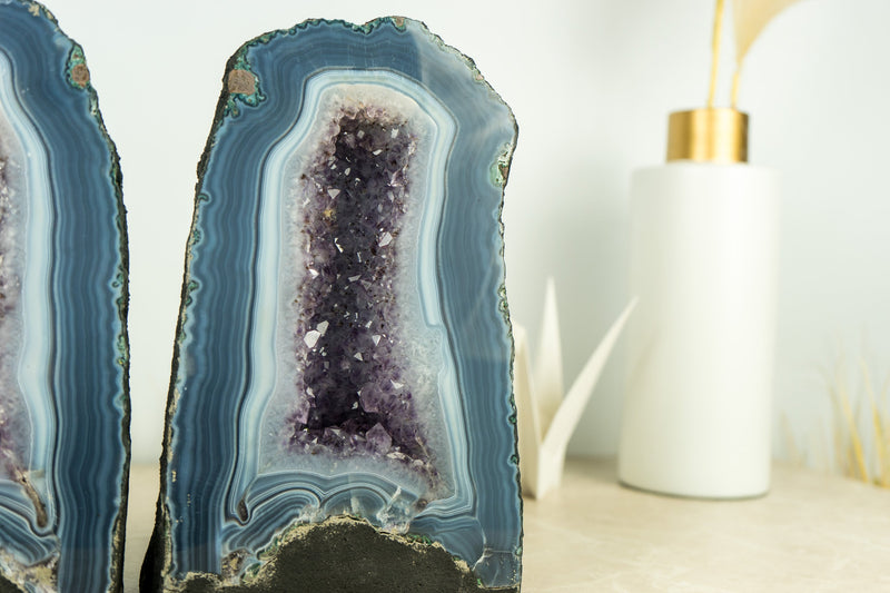 Pair of Book-Matching Blue Lace Agate Geode Cathedrals with Crystal Amethyst