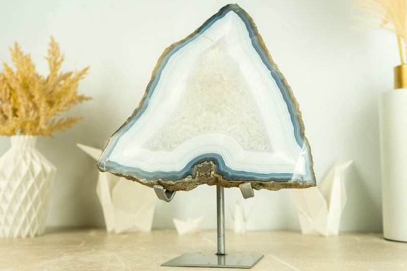 Gorgeous Lace Agate Geode Slice on Stand with Natural Blue and White Banded Agate