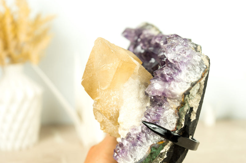 Natural Deep Purple Amethyst with Large, Intact Geometrical Calcite for Display