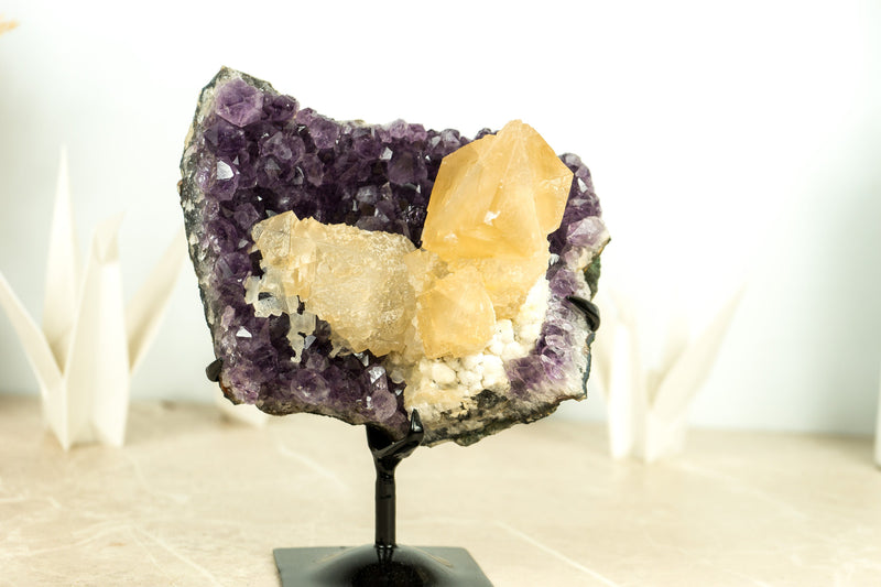 Natural Deep Purple Amethyst with Large, Intact Geometrical Calcite for Display