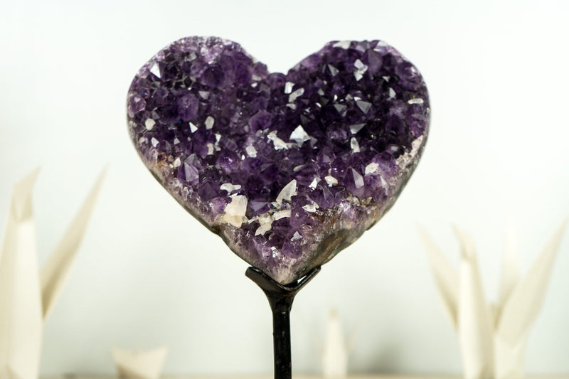 Deep Purple AAA Amethyst Heart with Crystal Calcite Inclusions on Agate Matrix