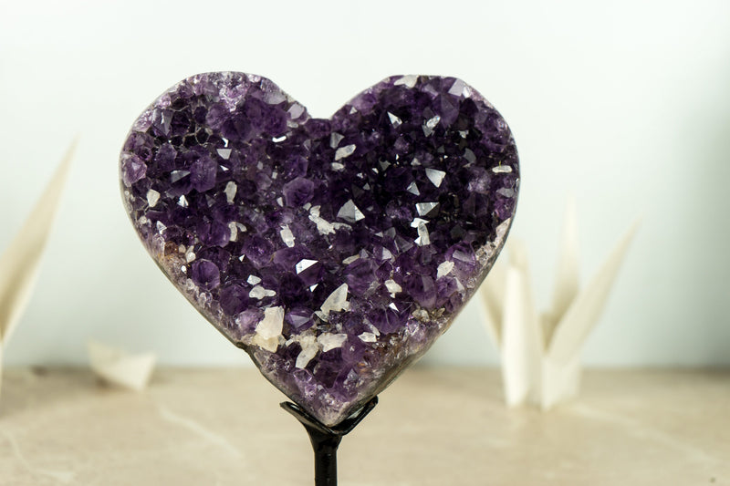 Deep Purple AAA Amethyst Heart with Crystal Calcite Inclusions on Agate Matrix