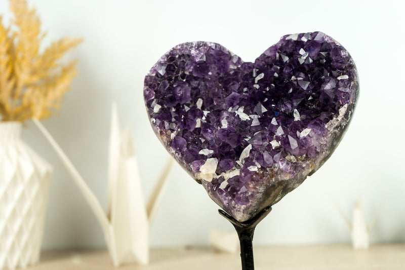 Deep Purple AAA Amethyst Heart with Crystal Calcite Inclusions on Agate Matrix