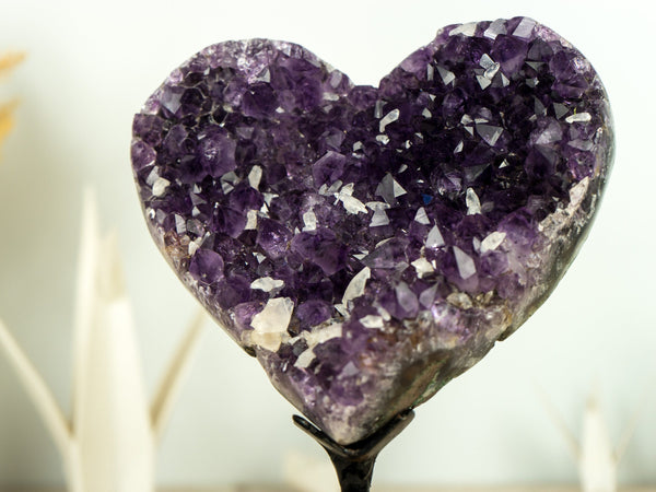 Deep Purple AAA Amethyst Heart with Crystal Calcite Inclusions on Agate Matrix