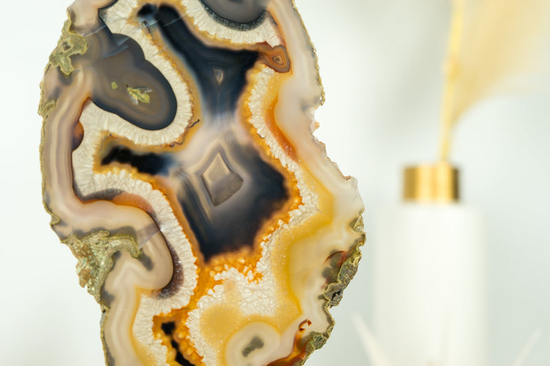 Rare Natural Undyed Yellow and Black Banded Agate Slice with the Drawing of a Dragon Face