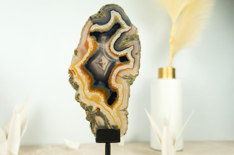 Rare Natural Undyed Banded Agate Slice with the Drawing of a Dragon Face