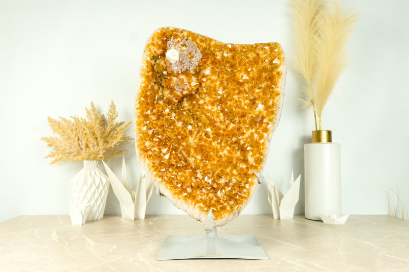 X- Large Orange Citrine Geode Cluster with Crystal Calcite Flower, Abundance Crystal