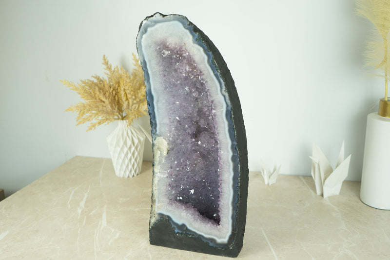 Tall Blue Lace Agate with Lavender Amethyst Druzy Geode Cathedral and Flower Rosettes