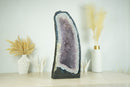 Großer blauer Spitzenachat mit Lavendel-Amethyst-Drusengeode-Kathedrale und Blumenrosetten