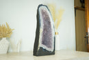 Großer blauer Spitzenachat mit Lavendel-Amethyst-Drusengeode-Kathedrale und Blumenrosetten