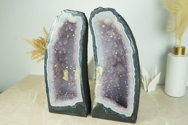 Pair of Tall Blue Lace Agate with Lavender Amethyst Druzy Geode Cathedrals