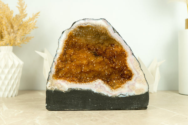 Medium Size Citrine Geode with Deep Orange Citrine Druzy, flower Rosettes