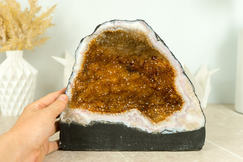 Medium Size Citrine Geode with Deep Orange Citrine Druzy, flower Rosettes