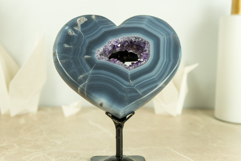 Gorgeous Blue Lace Agate Heart with Deep Purple Amethyst Druzy, Double-Sided