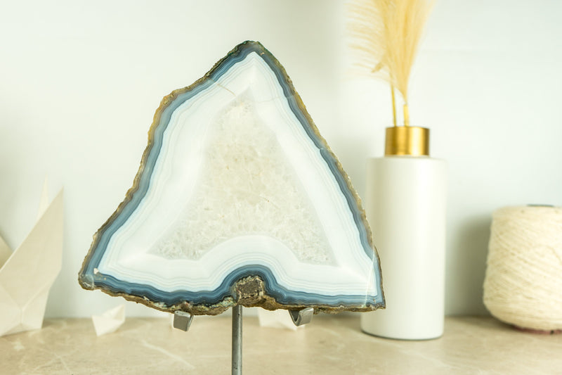 Gorgeous Lace Agate Geode Slice on Stand with Natural Blue and White Banded Agate