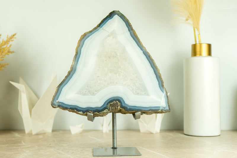 Gorgeous Lace Agate Geode Slice on Stand with Natural Blue and White Banded Agate