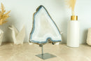 Gorgeous Lace Agate Geode Slice on Stand with Natural Blue and White Banded Agate