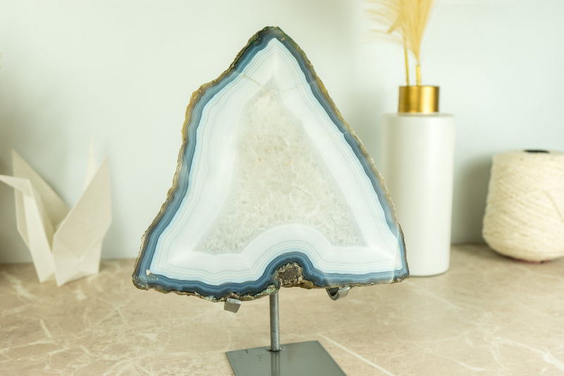 Gorgeous Lace Agate Geode Slice on Stand with Natural Blue and White Banded Agate