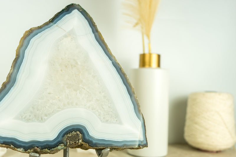 Gorgeous Lace Agate Geode Slice on Stand with Natural Blue and White Banded Agate