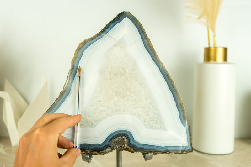 Gorgeous Lace Agate Geode Slice on Stand with Natural Blue and White Banded Agate