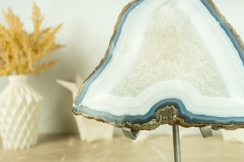 Gorgeous Lace Agate Geode Slice on Stand with Natural Blue and White Banded Agate