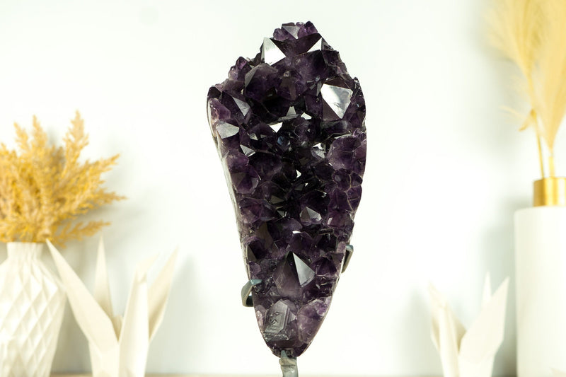 Tall AAA Amethyst Cluster with Large Deep Purple Amethyst Druzy on Stand