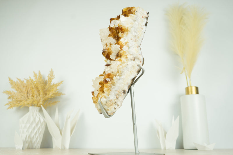 Tall 16.5 In Deep Orange Citrine Cluster with Calcite Formations on Stand