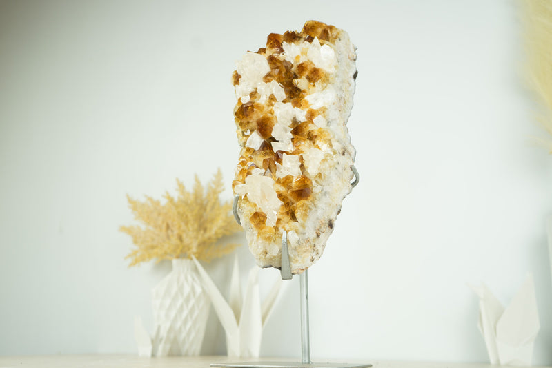 Tall 16.5 In Deep Orange Citrine Cluster with Calcite Formations on Stand