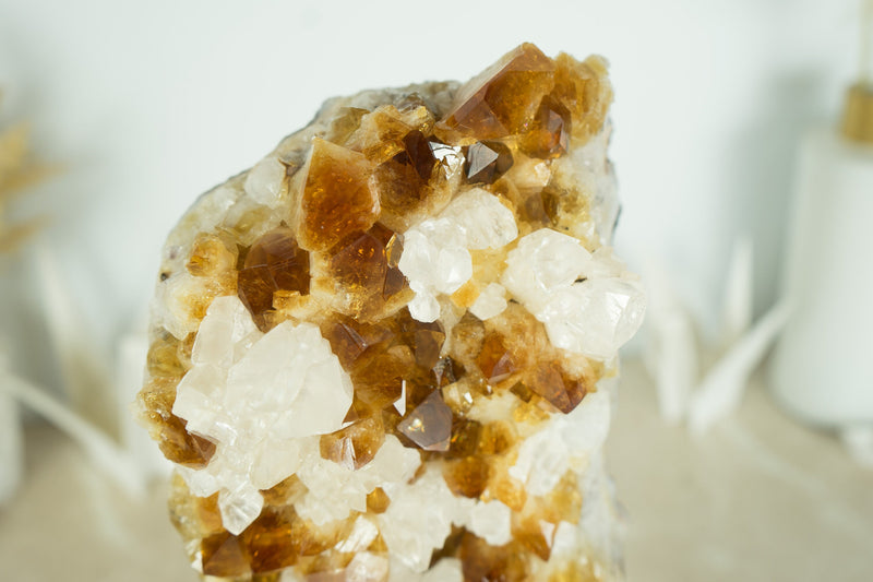Tall 16.5 In Deep Orange Citrine Cluster with Calcite Formations on Stand