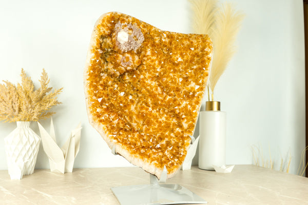 X- Large Orange Citrine Geode Cluster with Crystal Calcite Flower, Abundance Crystal