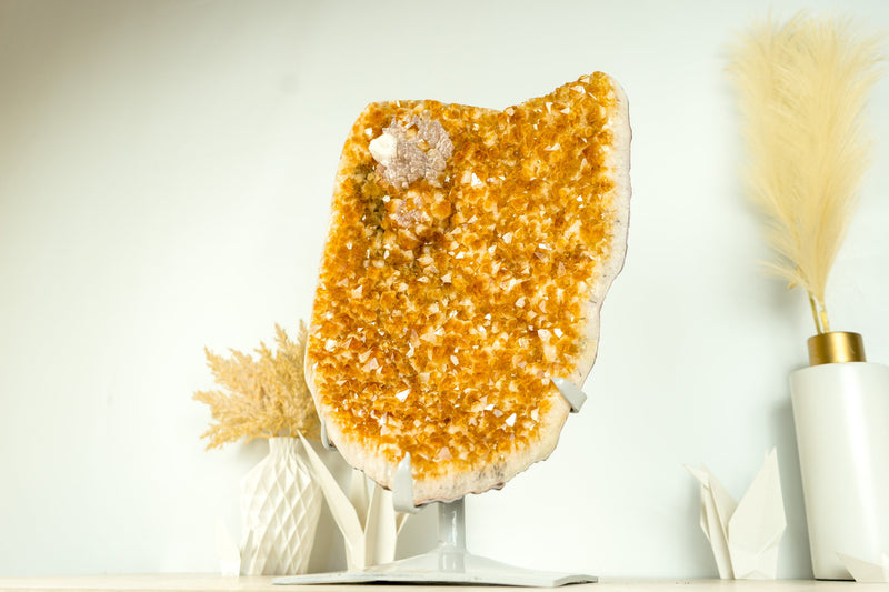 X- Large Orange Citrine Geode Cluster with Crystal Calcite Flower, Abundance Crystal