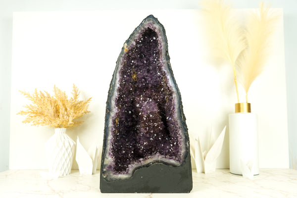 Amethyst Geode Cathedral with Rare Large Golden Goethite Rosette Flower