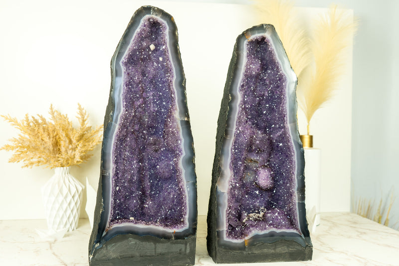 Pair of Tall Lace Agate Geodes with Lavender Purple Galaxy Amethyst and Flower Rosette