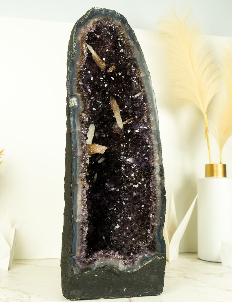 Rare Amethyst Geode Cathedral with AAA Calcite Formations, Deep Purple Amethyst Druzy, and Golden Goethite