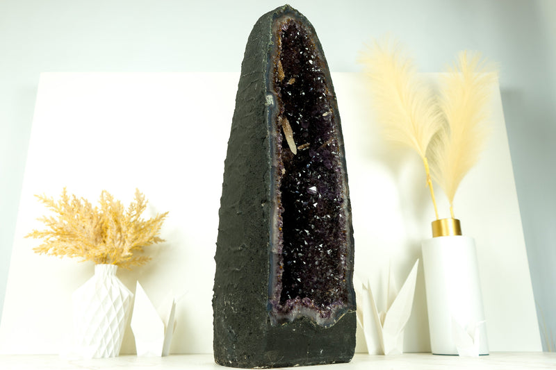 Rare Amethyst Geode Cathedral with AAA Calcite Formations, Deep Purple Amethyst Druzy, and Golden Goethite