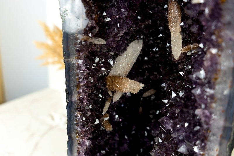 Rare Amethyst Geode Cathedral with AAA Calcite Formations, Deep Purple Amethyst Druzy, and Golden Goethite