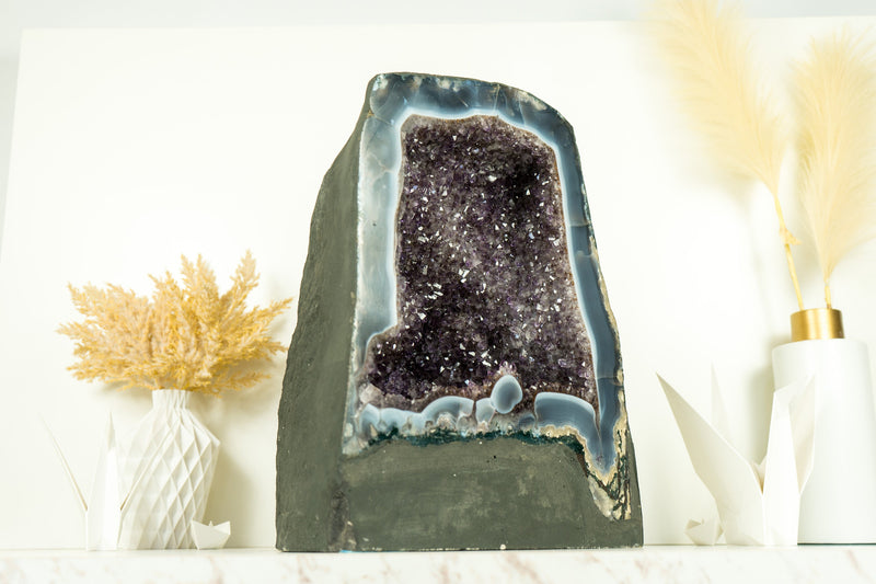 Large Banded Agate with Amethyst Geode Cave with Goethite, Flower Rosettes