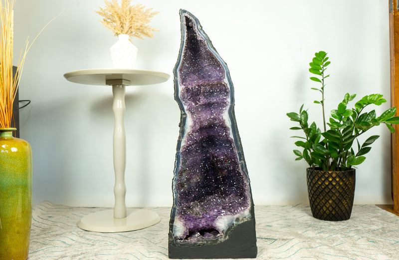 Rare Pair of Tall Amethyst Geode Cathedrals on Banded Agate, with Purple Galaxy Amethyst