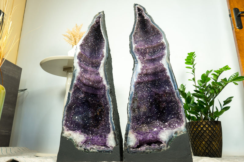 Rare Pair of Tall Amethyst Geode Cathedrals on Banded Agate, with Purple Galaxy Amethyst