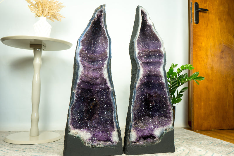 Rare Pair of Tall Amethyst Geode Cathedrals on Banded Agate, with Purple Galaxy Amethyst